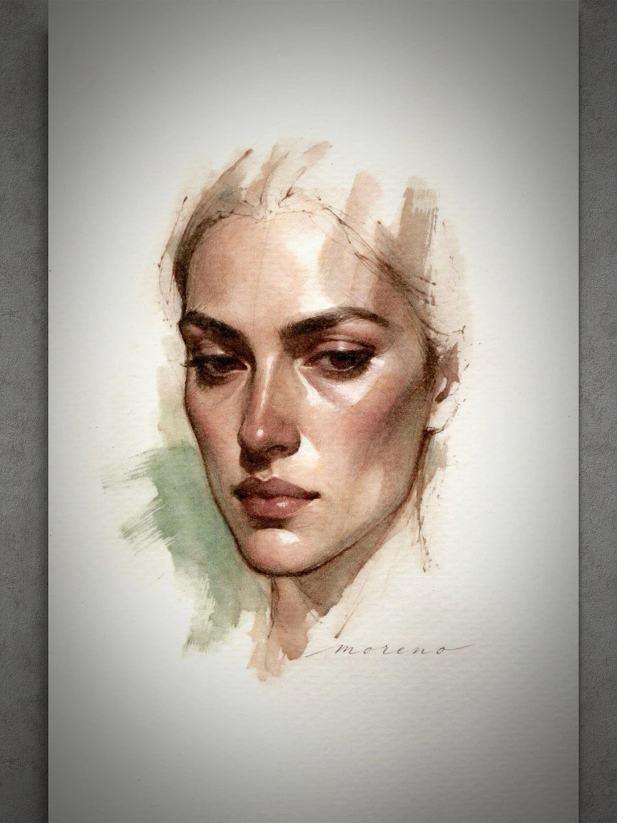 Original watercolor-style portrait of a woman in soft beige clothing with long hair, set against a neutral background.