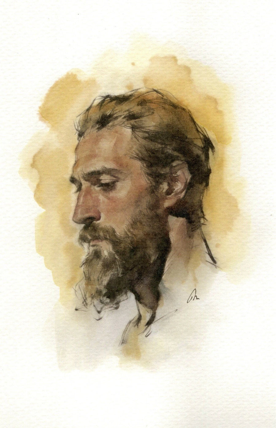 Male watercolor portrait book page with long hair, five-pocket beard, and yellow-brown watercolor blend background.