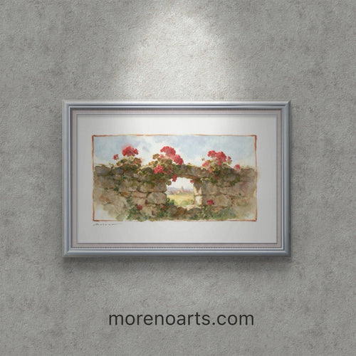 Framed watercolor painting of red geraniums growing on a stone wall with a view of a distant landscape.