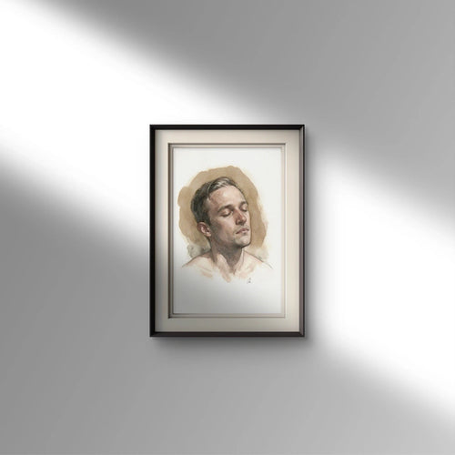 Black-framed watercolor painting of a seated male figure with light brown skin tones and framed eyes against a neutral wall.