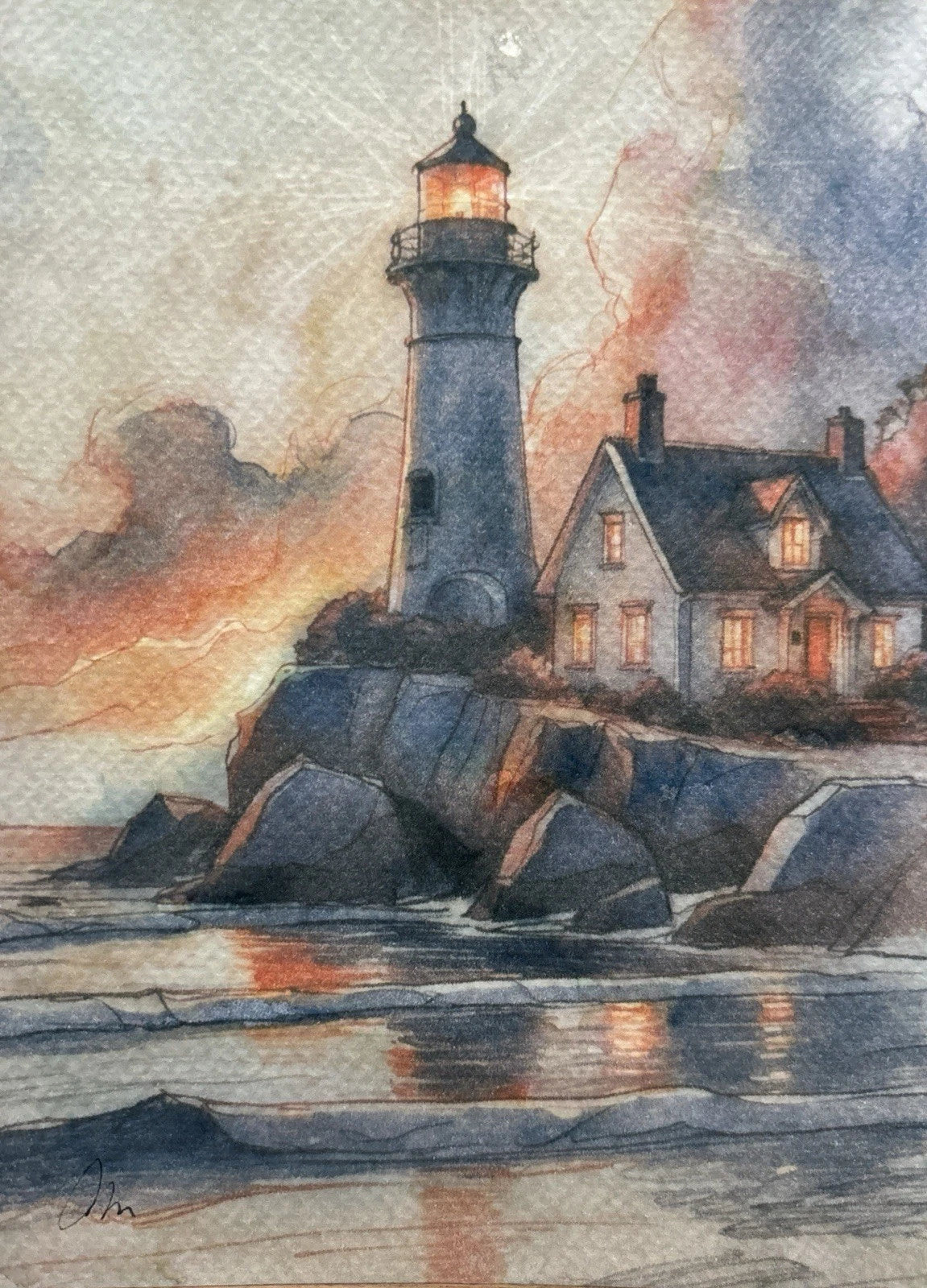 Lighthouse and coastal home in watercolor painting, size 5x7 inches, with illuminated lighthouse and crashing ocean waves.