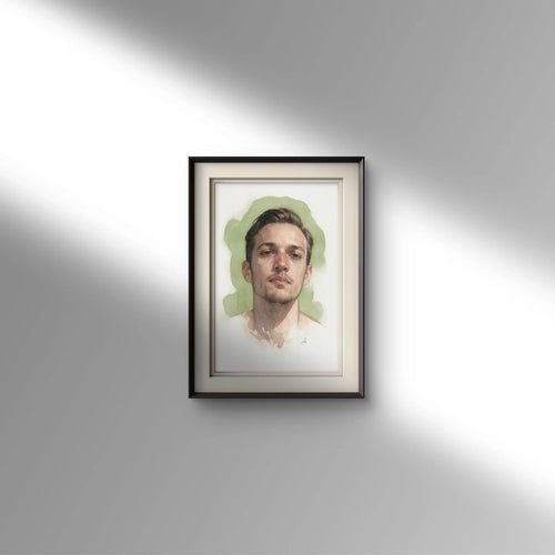 Black-framed watercolor painting of a man in a white shirt with green highlights, set against a plain light background.