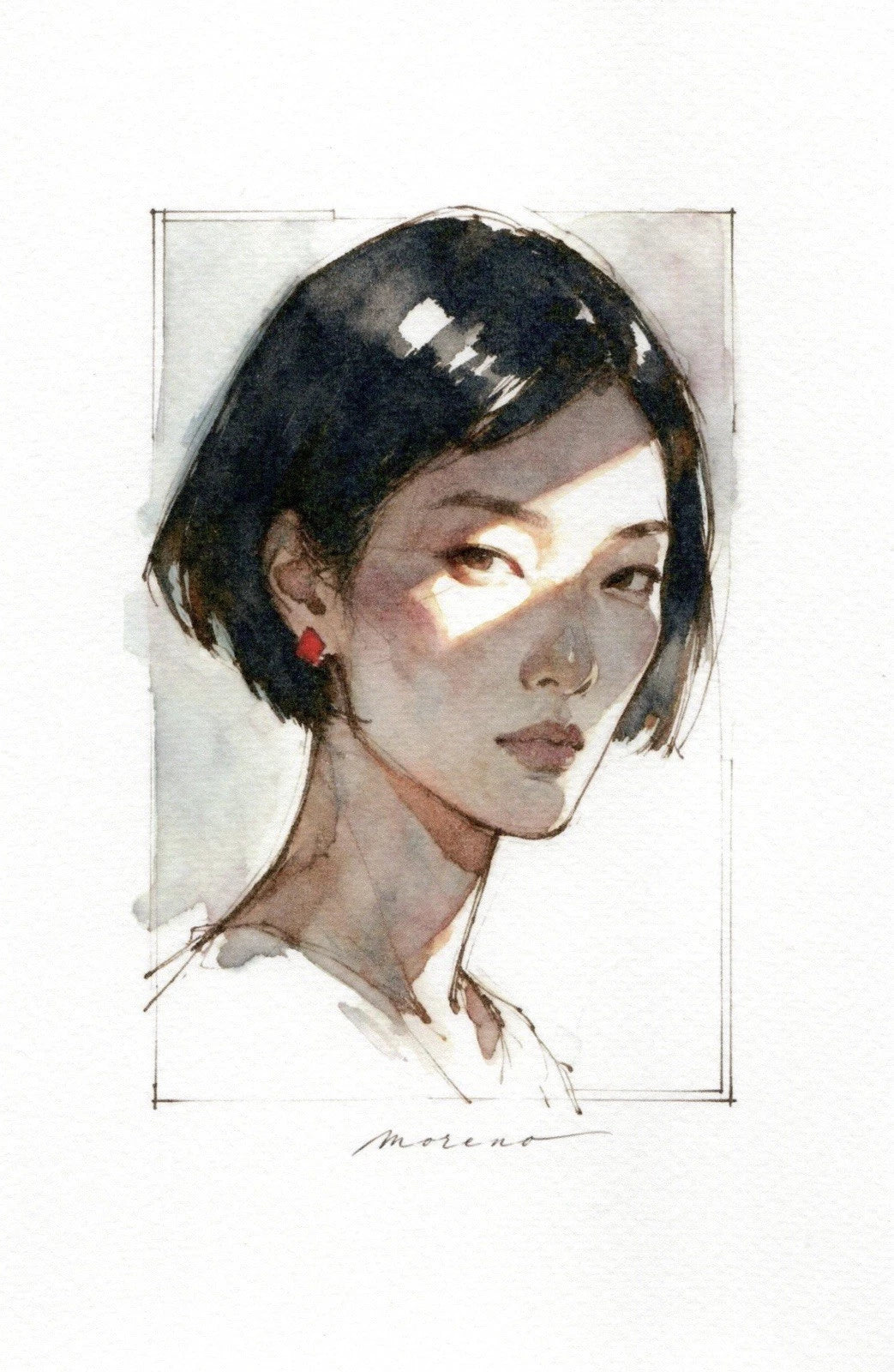 Black Asian female figure in white clothing with short hair, set in a light-framed box on a white background.