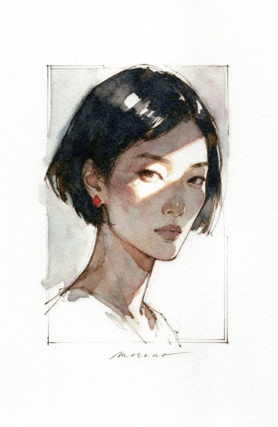 Black Asian female figure in white clothing with short hair, set in a light-framed box on a white background.