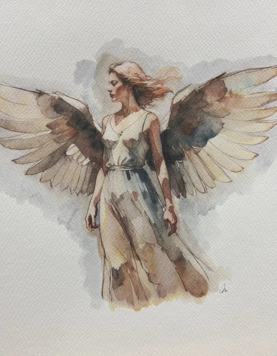 Female angel in flowing bronze gown with translucent wings against light background, 8x10 size.