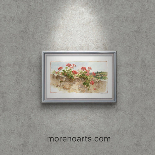 Original watercolor painting 5.5x8.5 featuring red geraniums in a stone wall garden with green leaves, morenoarts.com.