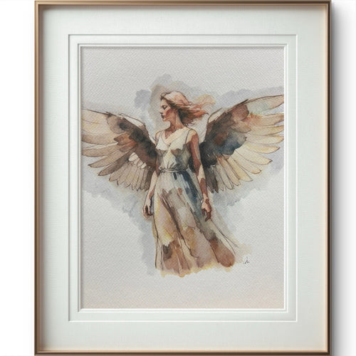 8x10 watercolor painting of a winged angel in a flowing bronze gown with blue wings against a neutral background.