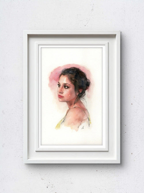 White-framed portrait of a woman in a pink-lit studio, 5.5x8.5 book page with watercolor-style painting.