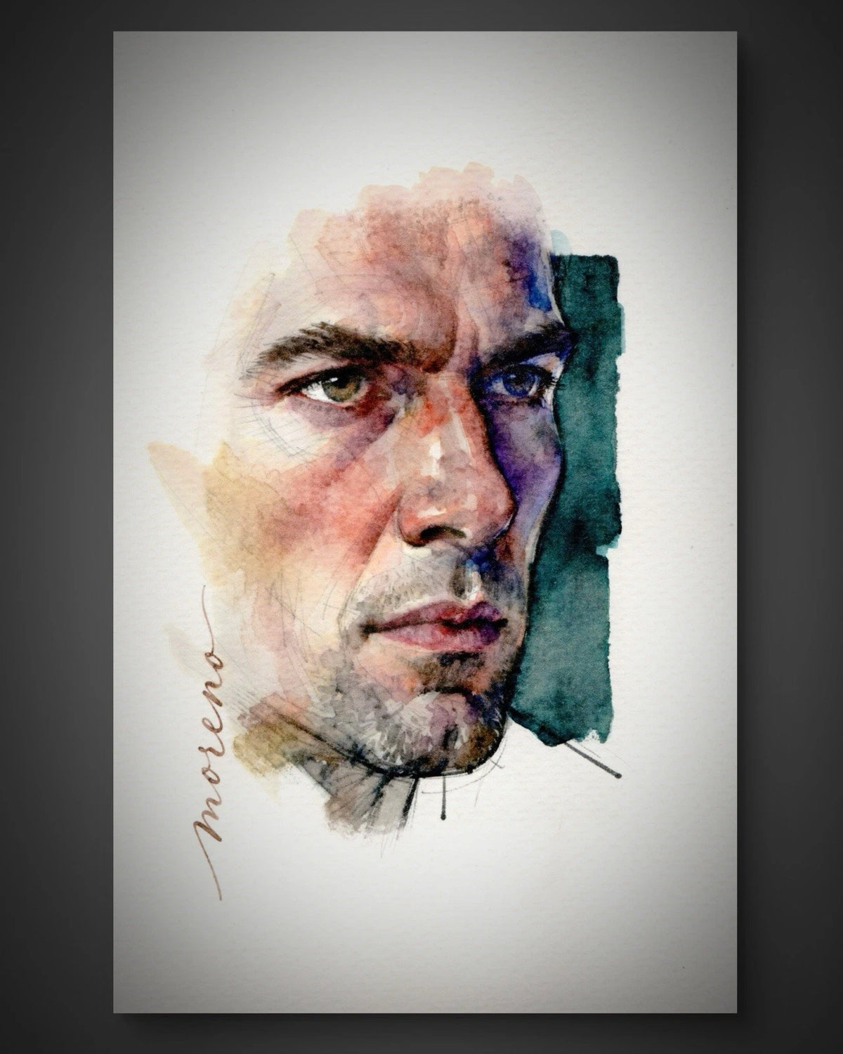 Watercolor painting of a man in a blue robe against a neutral background, titled “Moreno” in lower right.