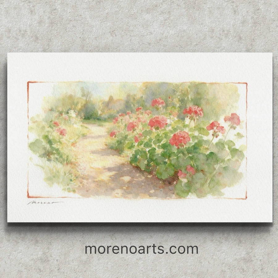 Watercolor painting of red geraniums in a garden path, with green leaves, bordered by trees, 5.5x8.5 size.