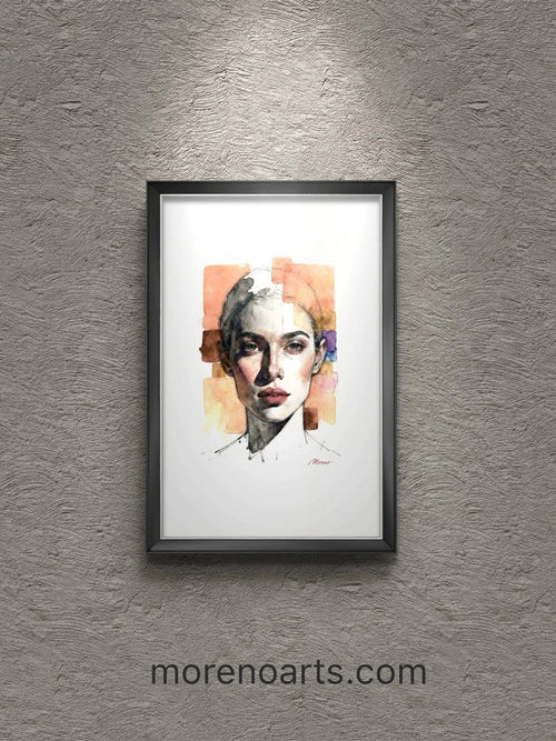 Black-framed portrait of a woman in white clothing with red and orange brushstrokes, set against a textured light gray wall.