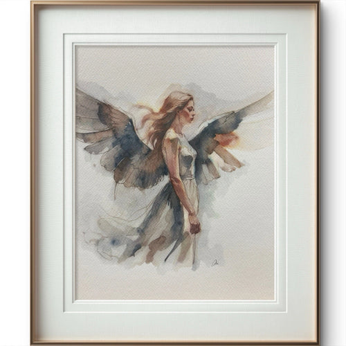 Female angel in flowing bronze wings against a light background, 8x10 watercolor painting in white frame.