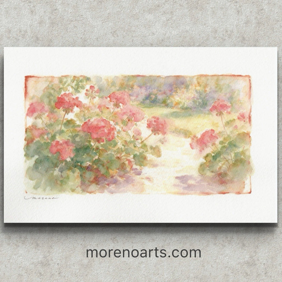 White 5.5x8.5 watercolor painting of pink geraniums in a garden path, with green leaves and a sense of peacefulness.