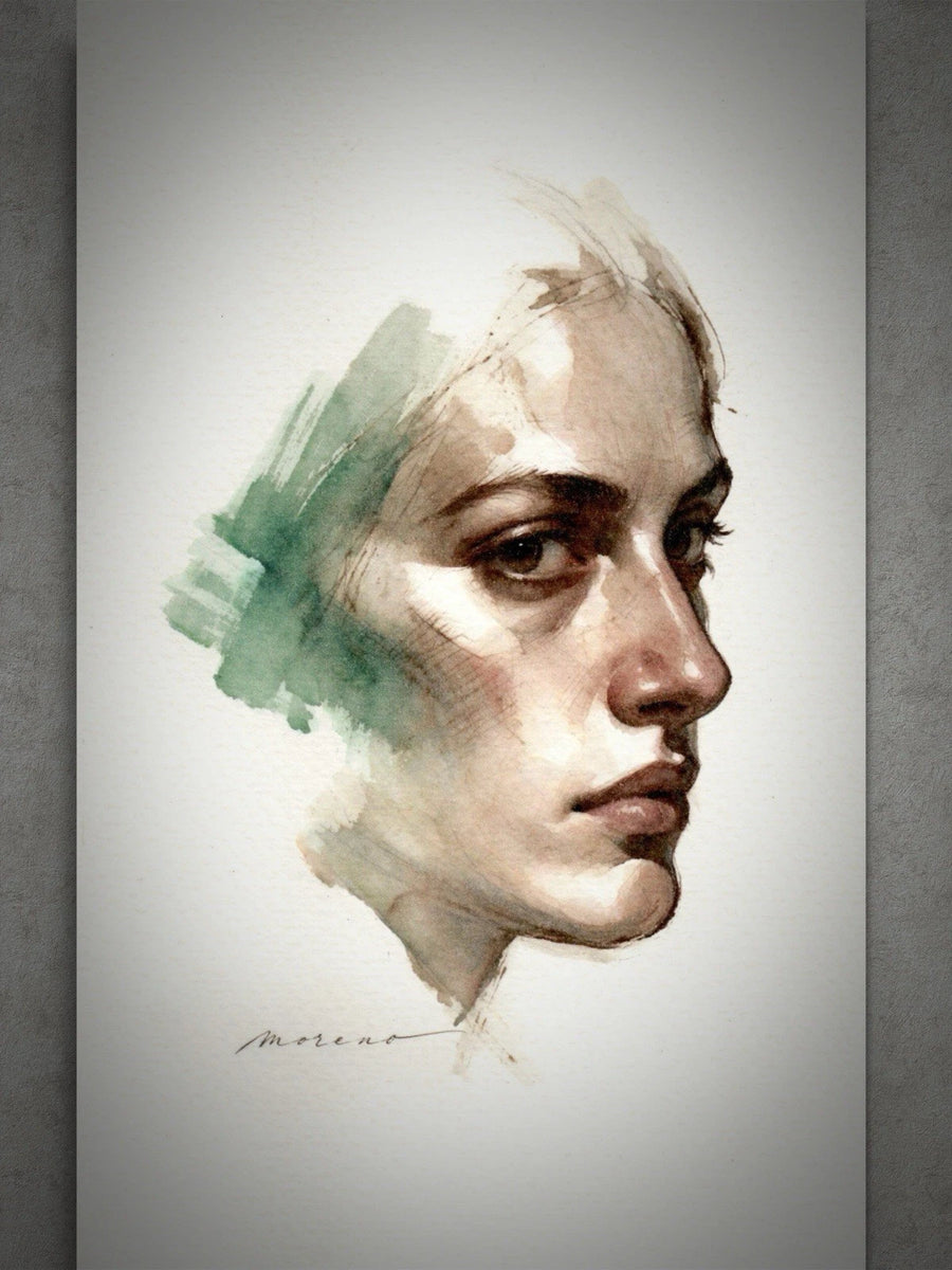 Green-haired female figure in watercolor-style portrait, 5.5x8.5 book page with artist’s signature in lower right.