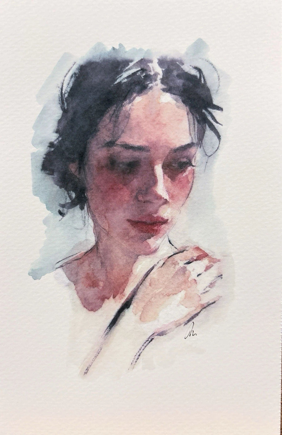 Original watercolor impressionism painting of a woman in white clothing with dark brown hair, set against a neutral background.