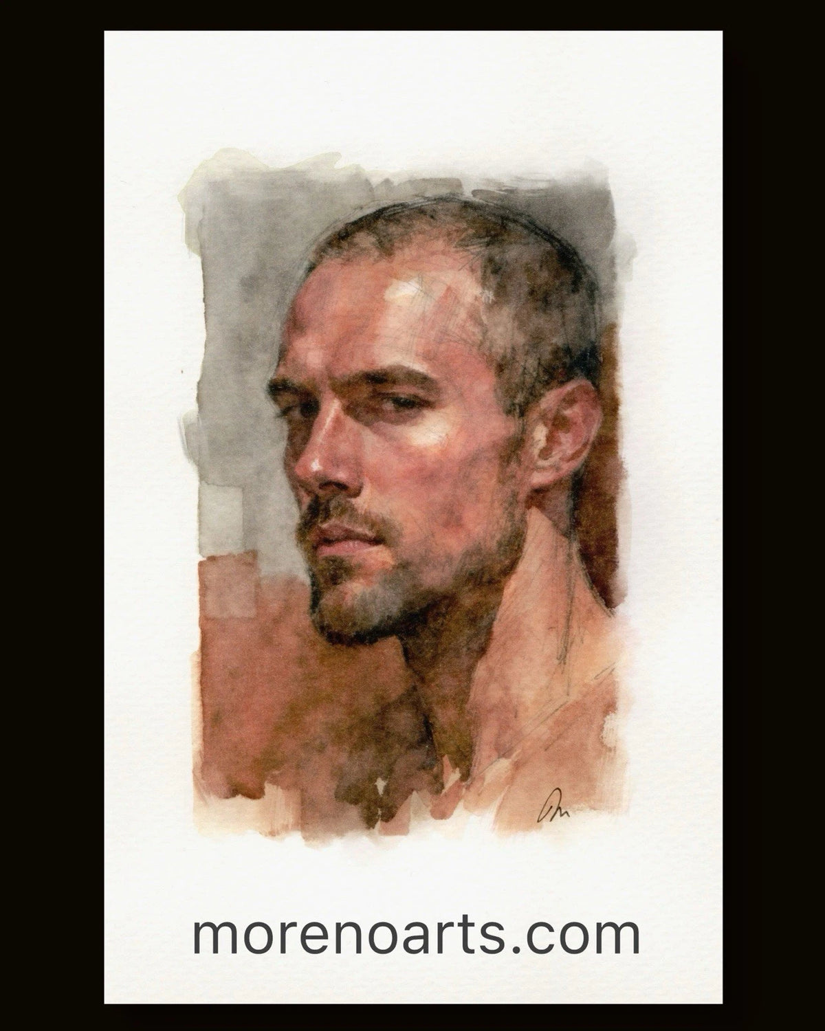 Book page 5.5 × 8.5 inches featuring a watercolor painting of a man in a red-brown tone with black hair, morenoarts.com.