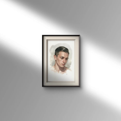 Black-framed watercolor painting of a man in a light gray shirt against a plain white background.