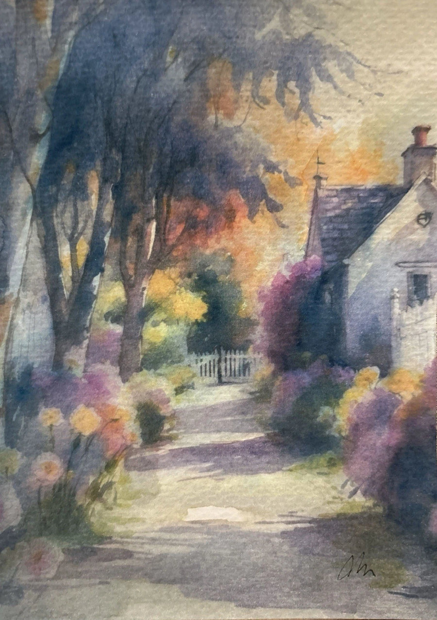 Cottage scene in watercolor with tall trees, purple bushes, and yellow flowers, 5x7 inches.