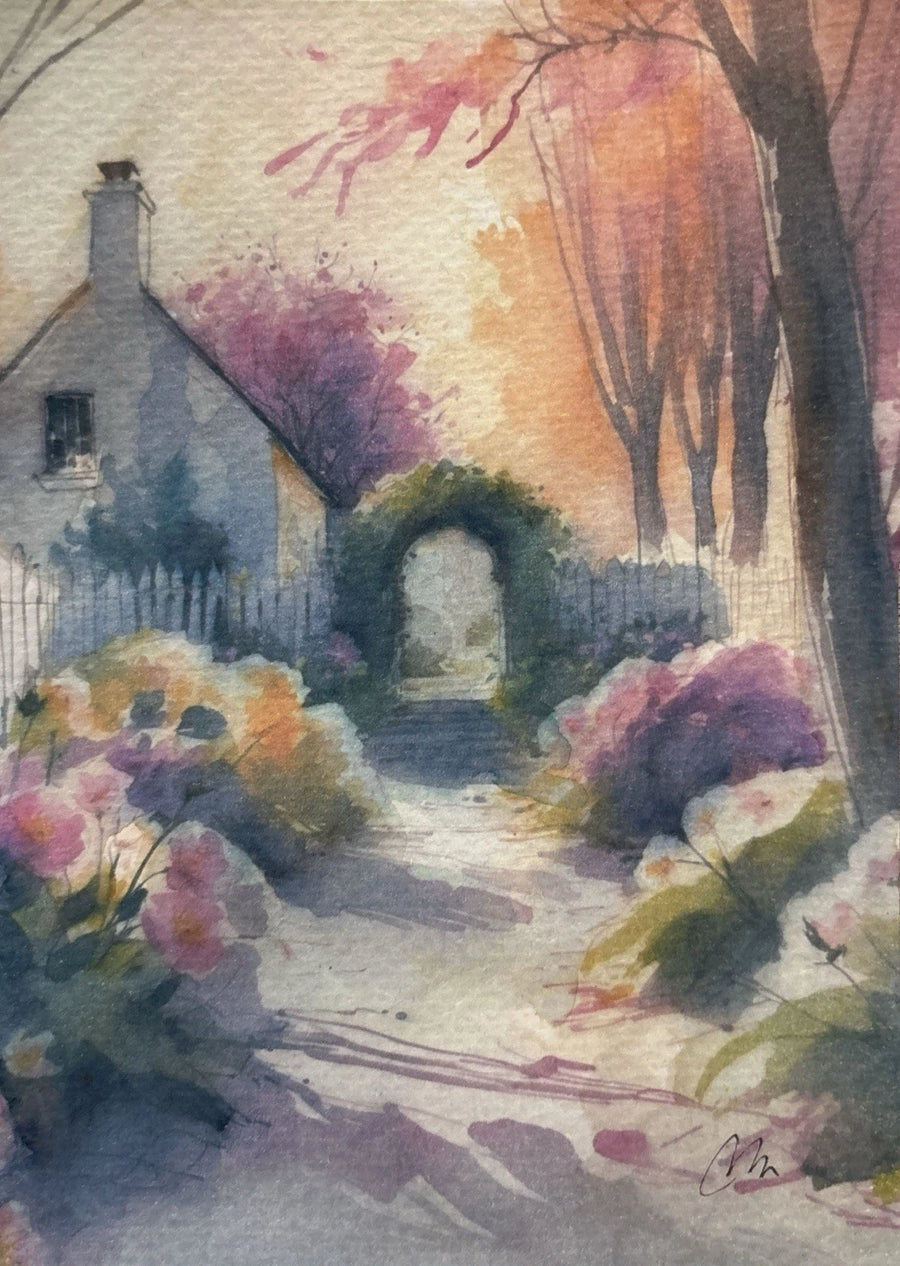 Cottage scene in watercolor, pink roses, green bushes, trees, and sunlit path.