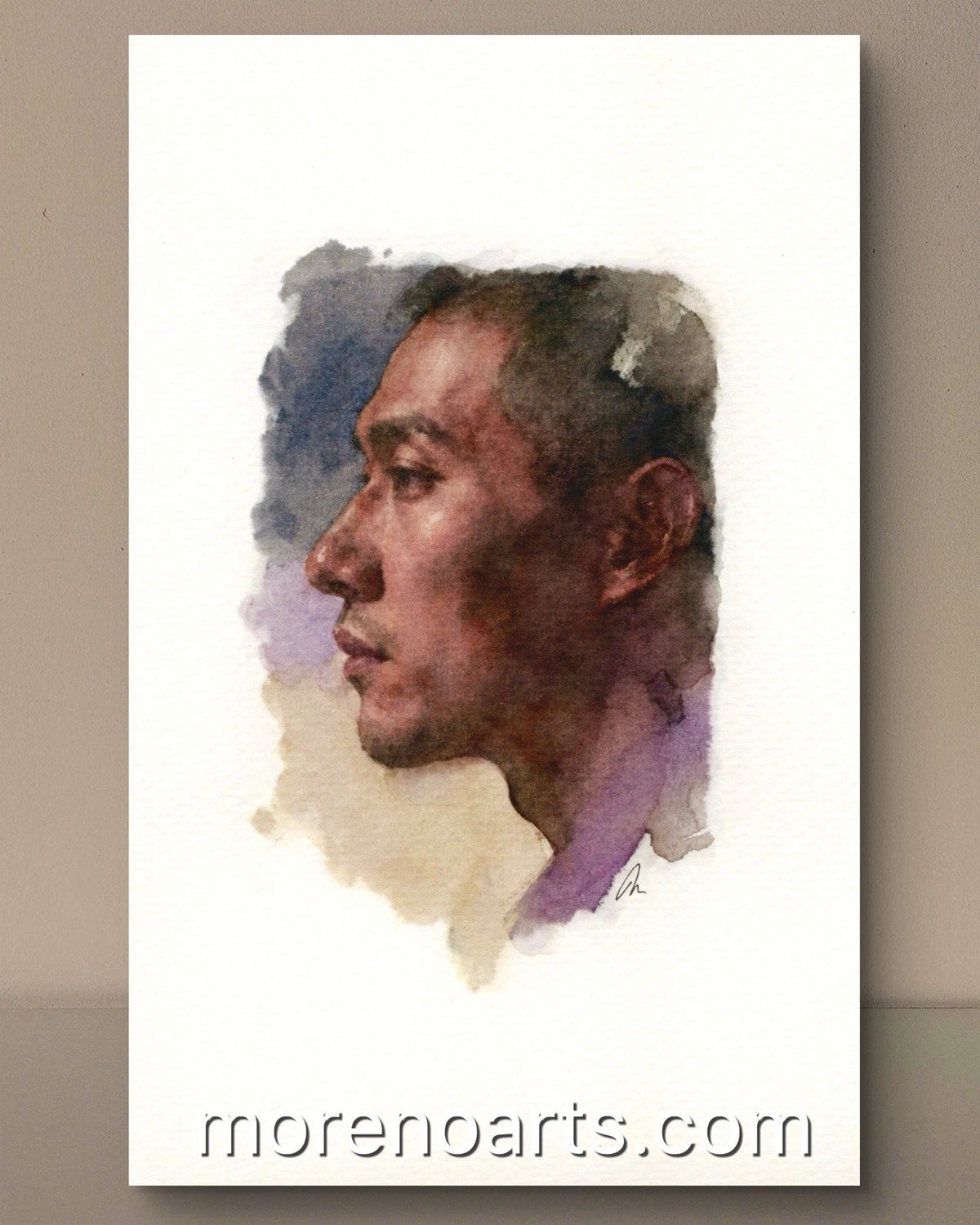 Black-and-white watercolor painting of a seated male figure with detailed facial features, 5.5 × 8.5 inches.
