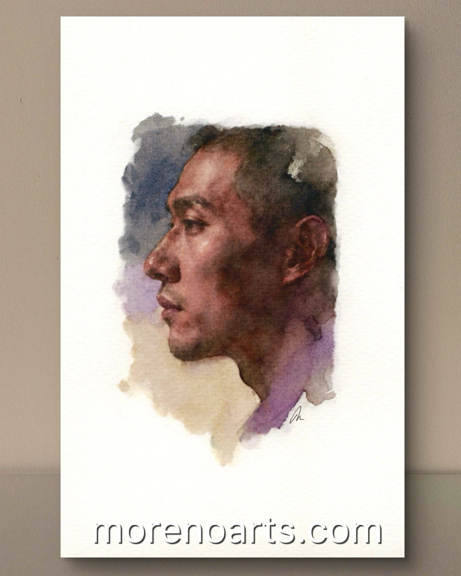 Black-and-white watercolor painting of a seated male figure with detailed facial features, 5.5 × 8.5 inches.
