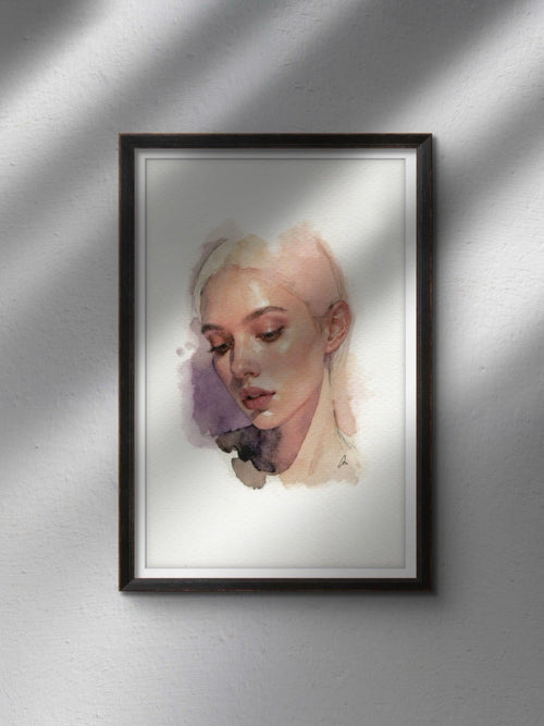 5.5x8.5 book page featuring a detailed portrait of a woman in soft pink tones against a neutral background.