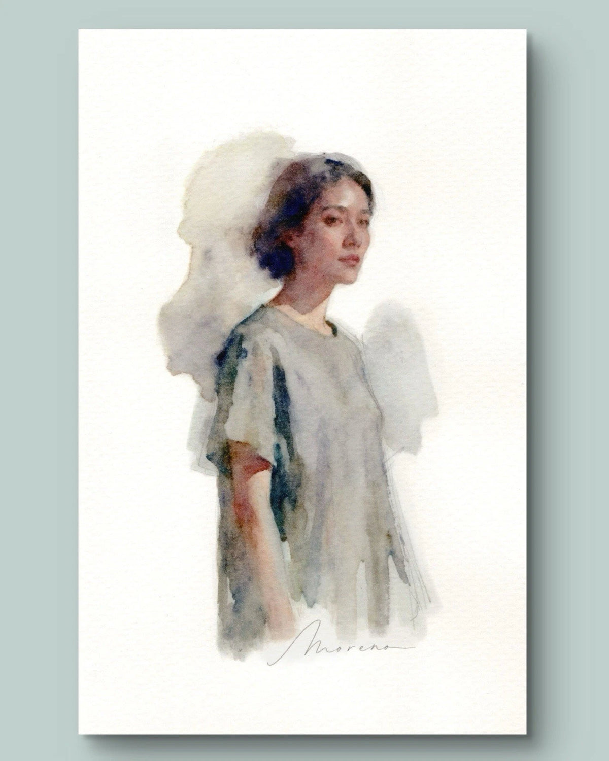 5.5x8.5 book page featuring a grayscale female figure in a loose fit, signed “Marina” in white lower right.