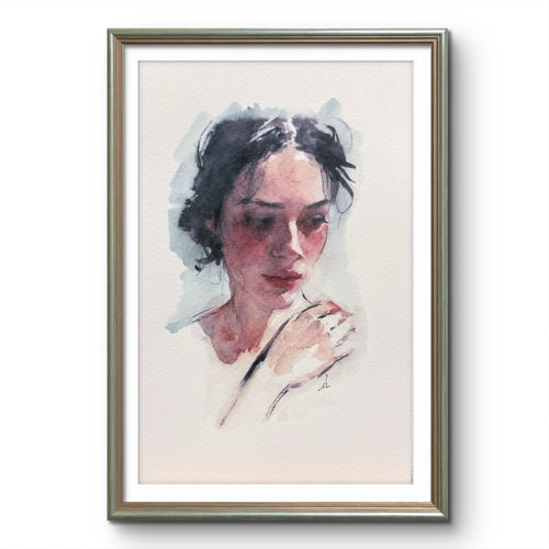 Vertical watercolor painting of a woman in white clothing with dark hair, set in a light green frame.
