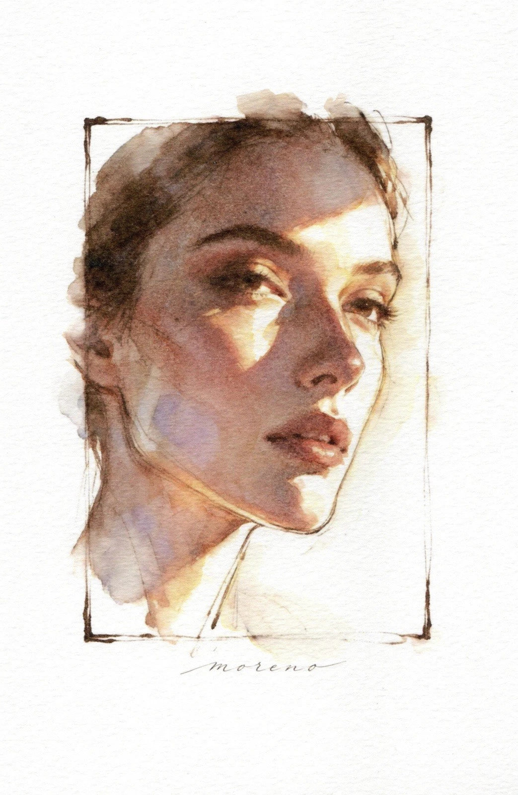 5.5x8.5 book page featuring a watercolor-style portrait of a woman in sunlight with “Moreno” text in lower right.