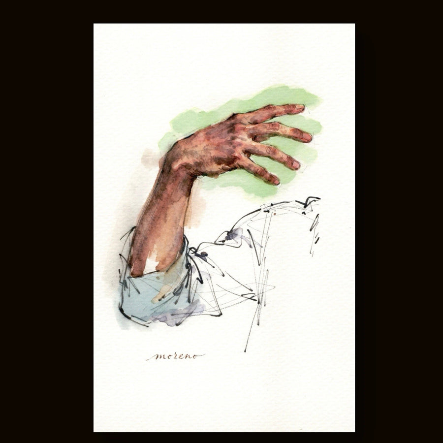 Hand in light blue shirt making green watercolor figure, 5.5 × 8.5 inches, with “sereno” text in lower right.