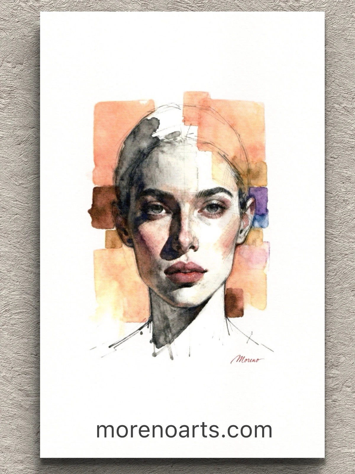 White book page featuring a colored-in portrait of a woman in a white dress with long hair, set against a grid-patterned background.