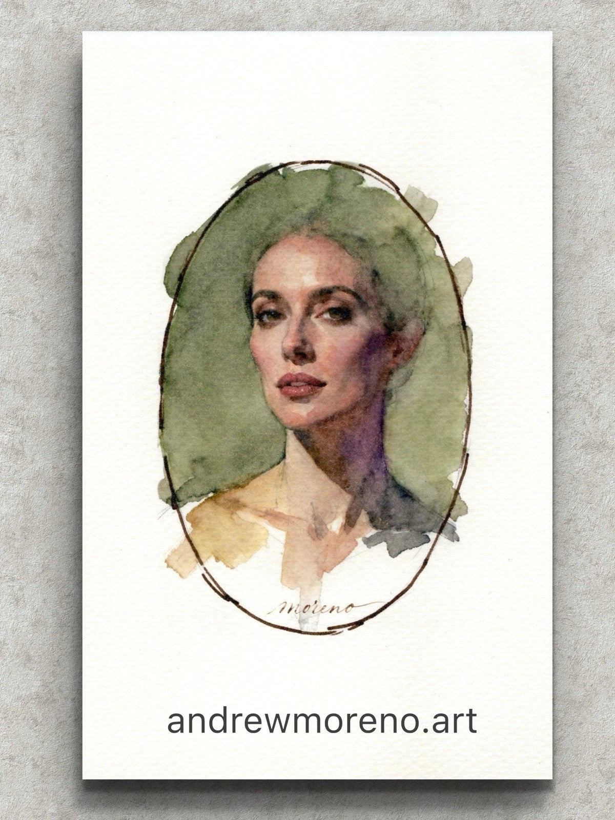 Green-hatted female figure in oval frame, watercolor-style portrait, 5.5x8.5 book page with “andrewmoreno.art” text.