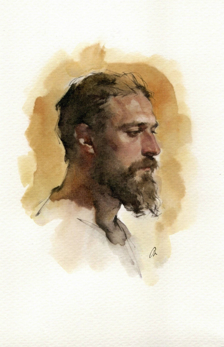 Male watercolor portrait with long beard, round glasses, and tan-brown background, 5.5 × 8.5 inches.