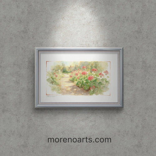 Framed watercolor painting of red geraniums in a garden path, silver frame, 5.5x8.5 size, morenoarts.com.