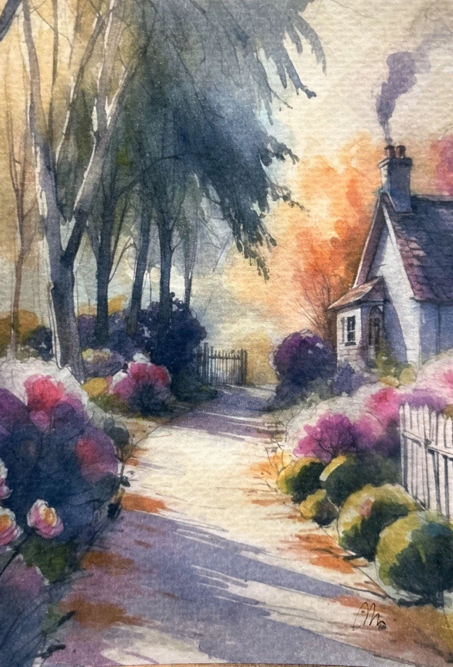 Cottage scene in watercolor, 5x7 inches, with pink-flowered bushes, trees, and sunlit path.