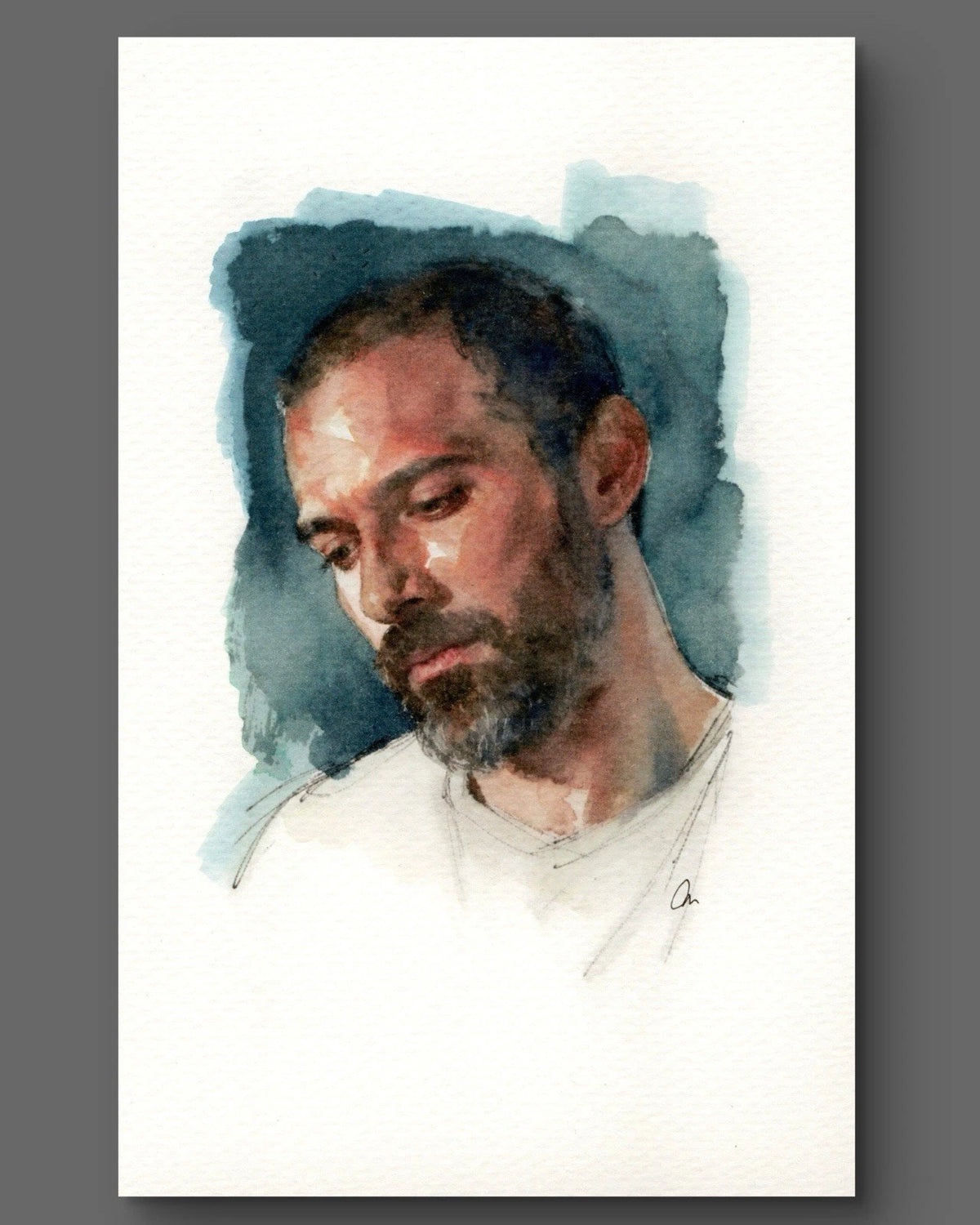 Watercolor painting of a man in white clothing with black beard, set against a blue and purple watercolor background.