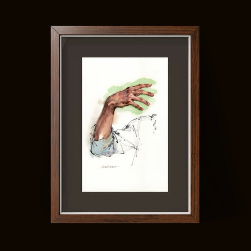 Hand in light blue robe drawing with brown horse on white page, framed by dark wood.