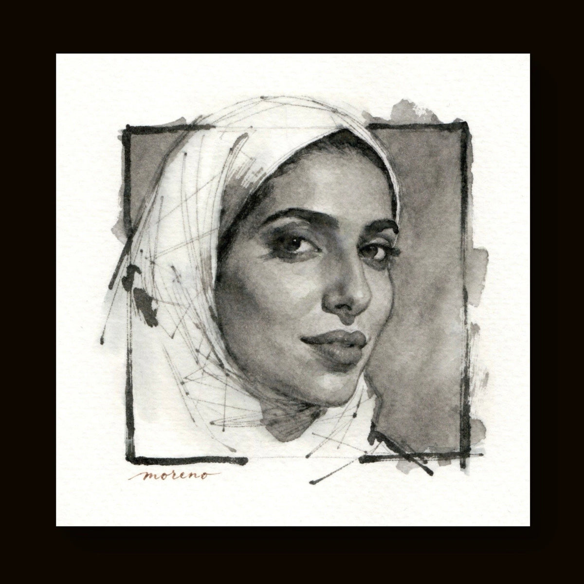 Black and white 5x5 inch portrait of a woman in a white veil-like garment with long hair, set against a neutral background.