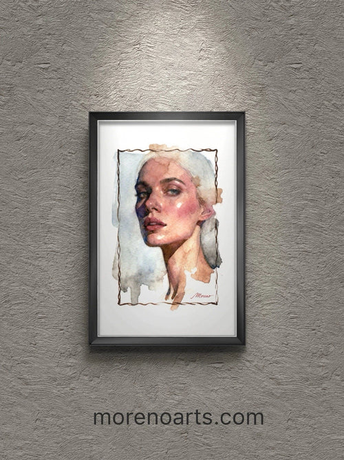 White-framed portrait of a woman in soft pink tones against a textured gray background, with “morenoarts.com” text at bottom.
