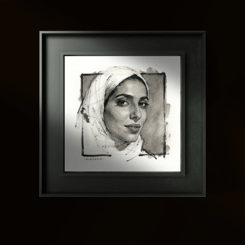 Black and white 5x5 inch portrait of a woman in a white hijab, square frame, labeled “Melina” in lower right.
