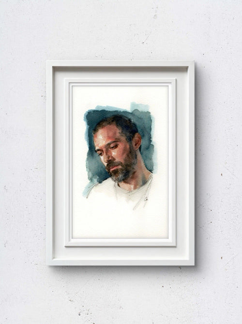 White-framed watercolor painting of a man in a white shirt, blue pants, against a plain light background, 5.5 × 8.5 inches.