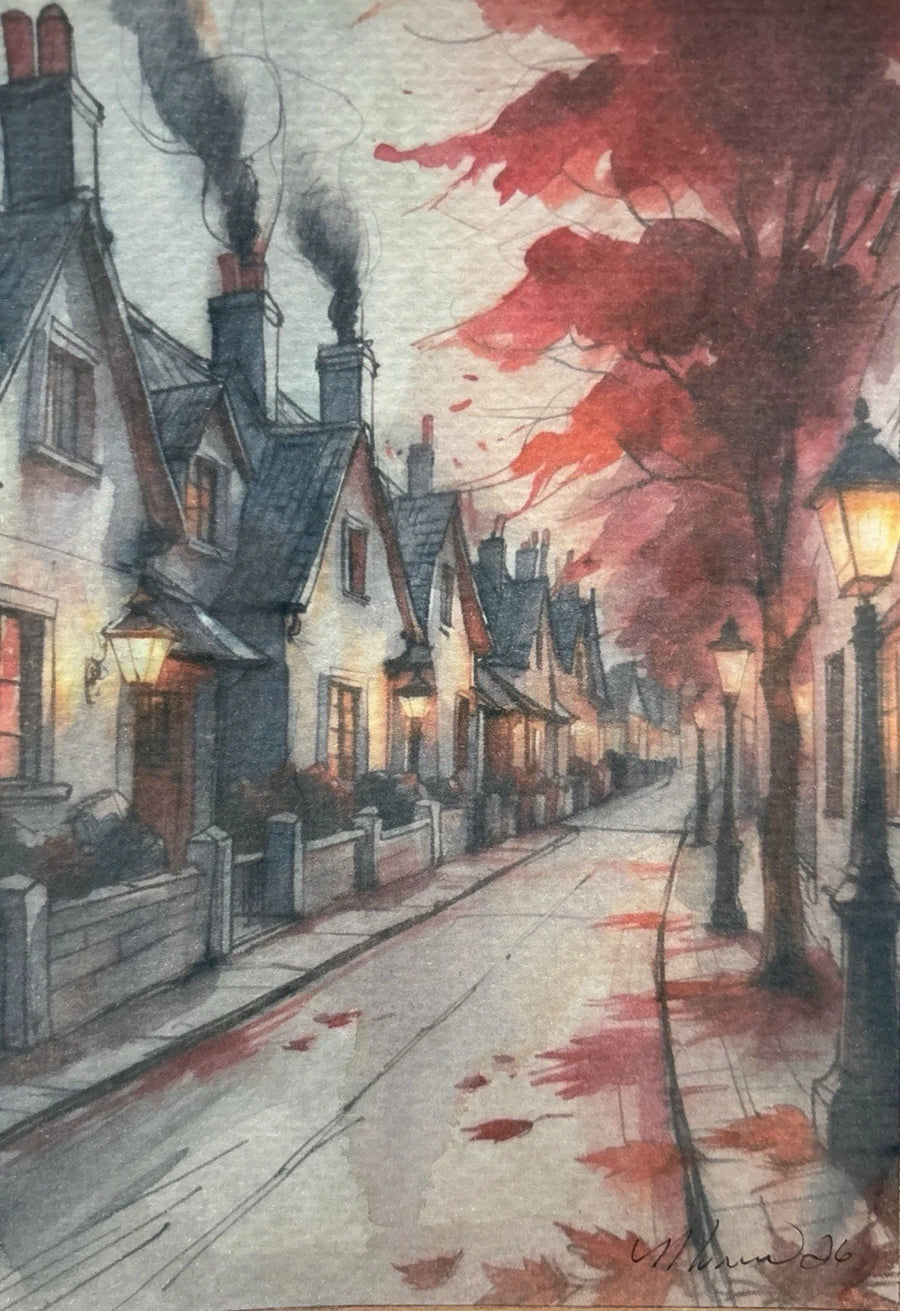 Cottages on a red-lit street scene with tall trees, lanterns, and stone pavement.