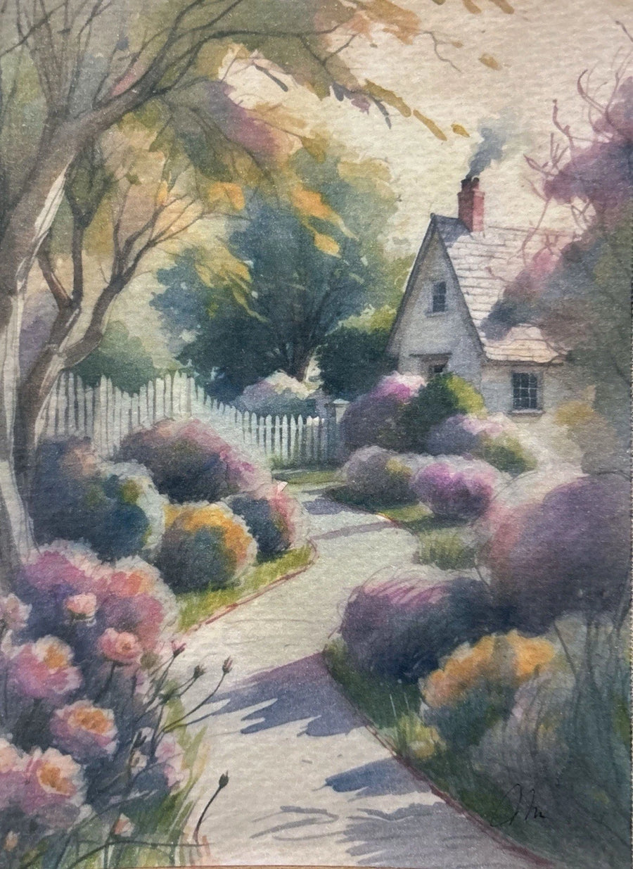 Cottage scene in watercolor with white trees, bushes, and stone chimney; path in front of house.