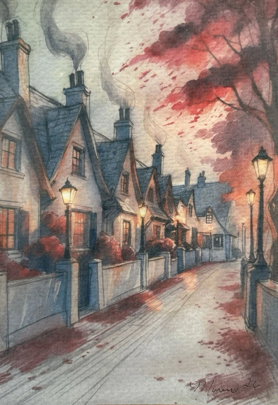 Cottages along a red-lit street, some with smoke stacks, some with lit lanterns, on a white surface.