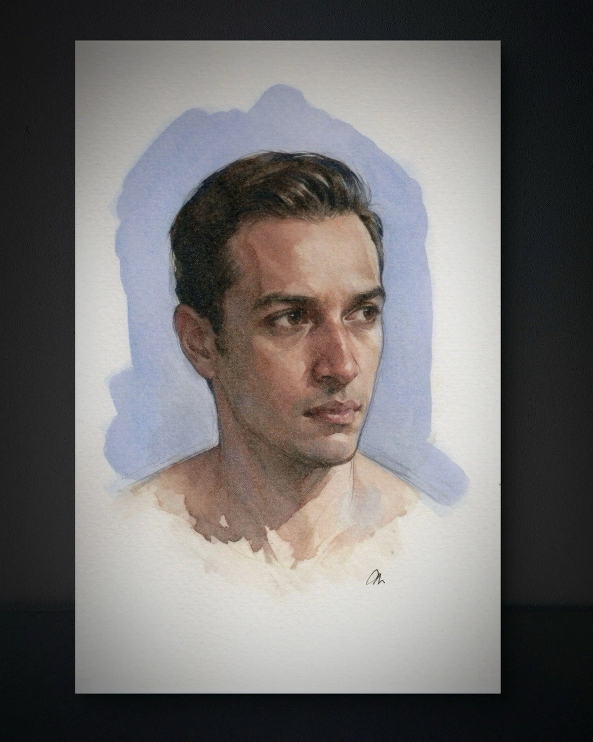 Original watercolor painting of a man in a light blue robe against a plain white background, 5.5 × 8.5 inches.