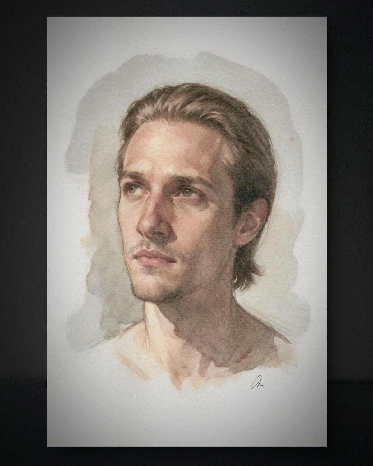 Male figure watercolor portrait, 5.5 × 8.5 inches, with flowing water-based brushstrokes and minimal background.