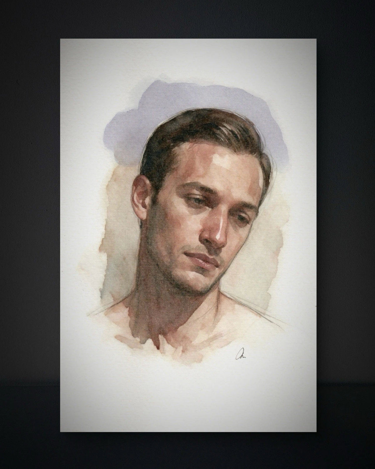 Male figure in watercolor painting, 5.5 × 8.5 inches, with soft gradient wash and loose, free-flowing brushstrokes.