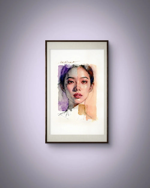 Asian female figure in white classical painting with purple, yellow, and brown tones on a light purple background.