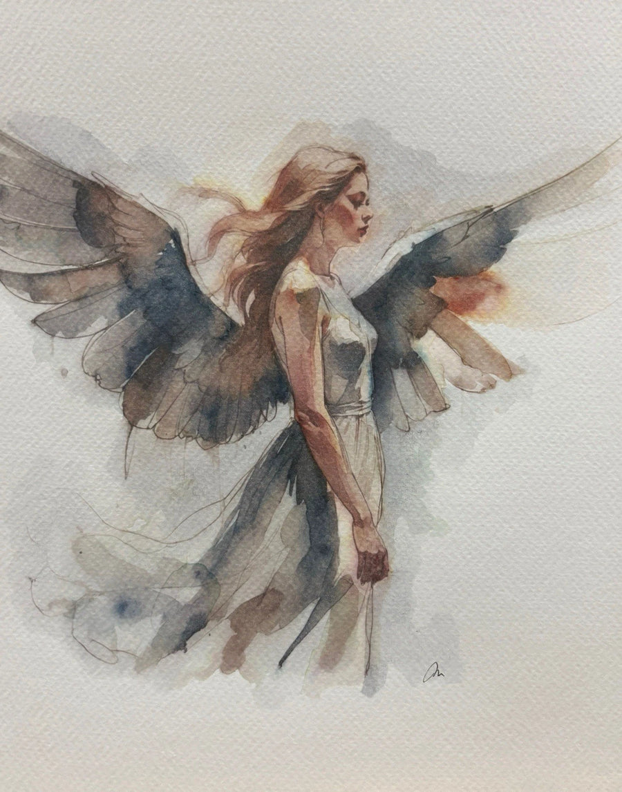 Woman in flowing white dress with black angel wings against light background, 8x10 watercolor painting.