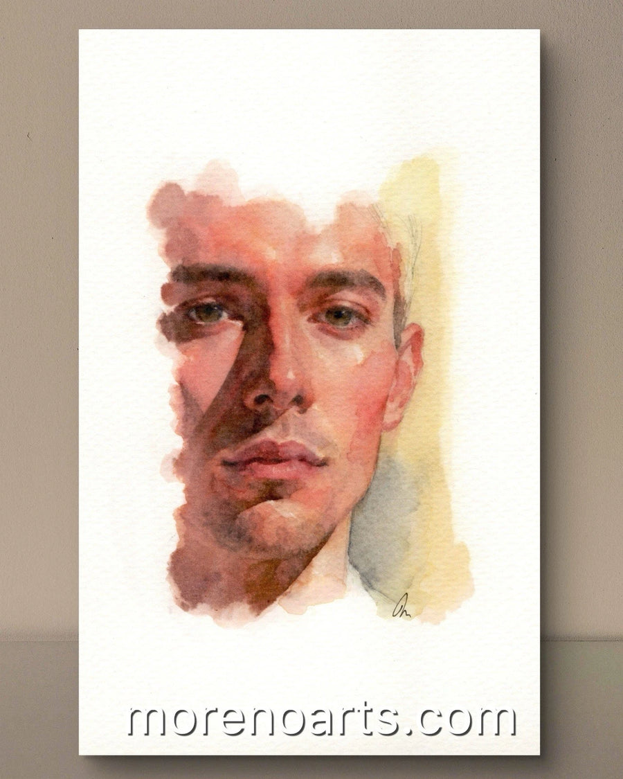 Watercolor painting of a man in sunlight with long hair, white background, and “Morenoarts.com” text at bottom.